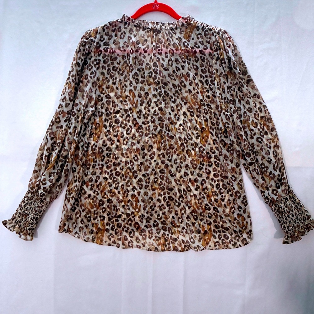 By The River Top Womens Large Brown Leopard Metallic Sheer Smocked Cuff Flowy - Picture 8 of 10